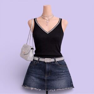 Vintage Y2K Black Rhinestone Trim V-Neck Tank Top S Glam Bling Going Out Preppy